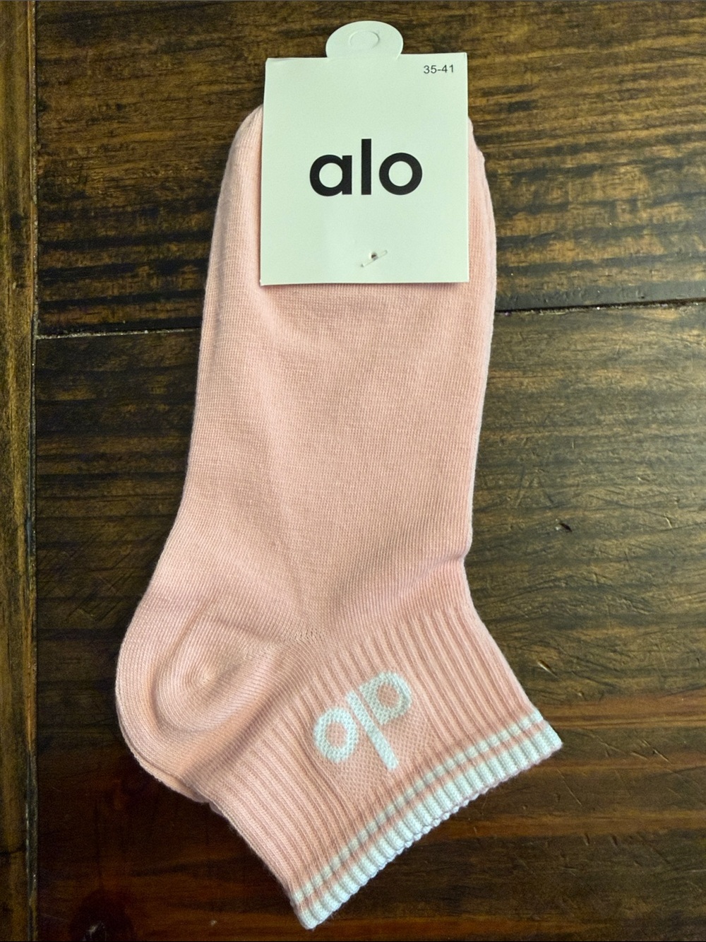 ALO Yoga Inspired Women’s Soft Peach Ankle Socks w/White Stripes & Logo